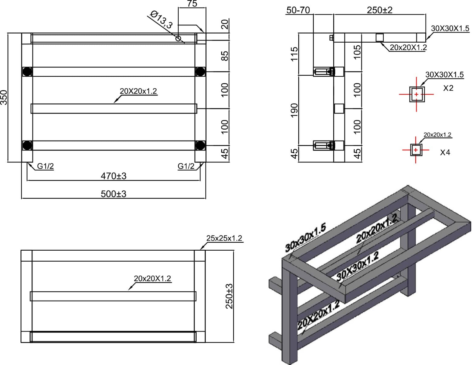 Θερμαινόμενη πετσετοκρεμάστρα Karag Design 1 25×50×35cm Χρώμιο (νερού) 610Btu (χωρίς διακόπτες) - 4