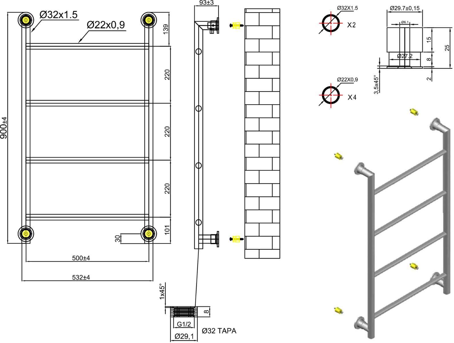 Θερμαινόμενη πετσετοκρεμάστρα Karag Design 6 9,3×56×90cm Ματ Μαύρο (νερού) 767Btu (χωρίς διακόπτες) - 4