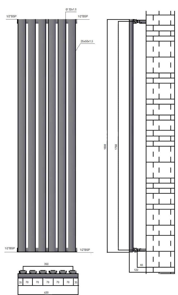 Θερμαινόμενη πετσετοκρεμάστρα Karag Divina 12,2×42×180cm Divina-BM Ματ Μαύρο (νερού) 2943Btu (χωρίς διακόπτες) - 3