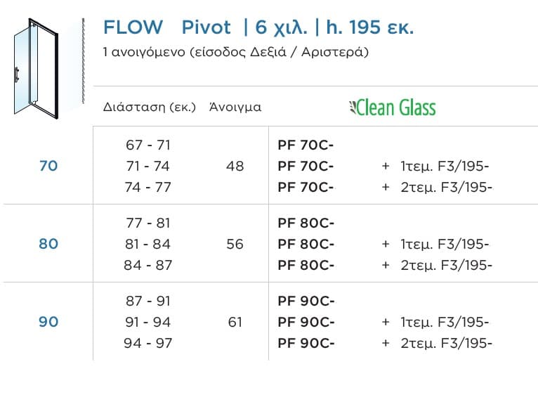 Καμπίνα Ντουζιέρας Devon Flow Pivot PFC-100 + SPFC-100 Χρώμιο Clean Glass Ύψος 195cm - 2