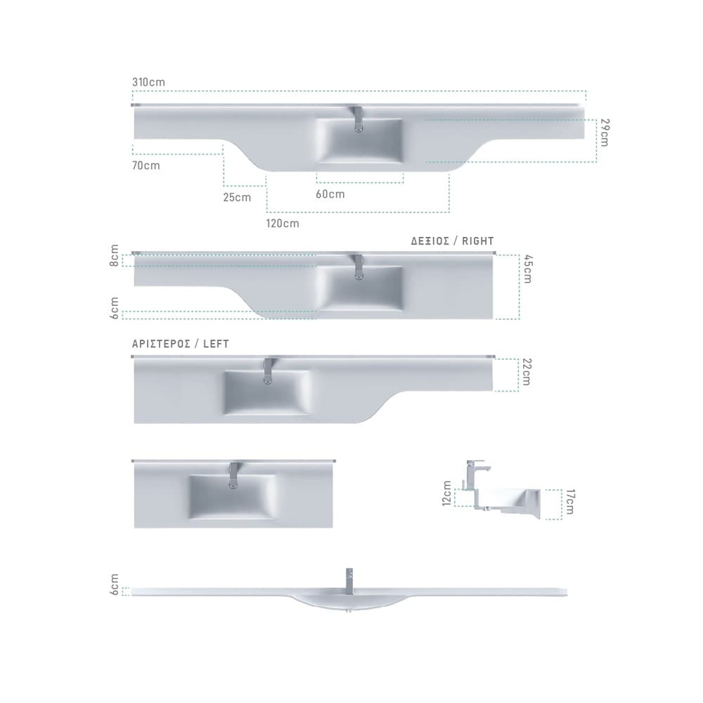 Νιπτήρας κρεμαστός Sanitec Monobloc 715 Wave Single Como 120-310cm - 2