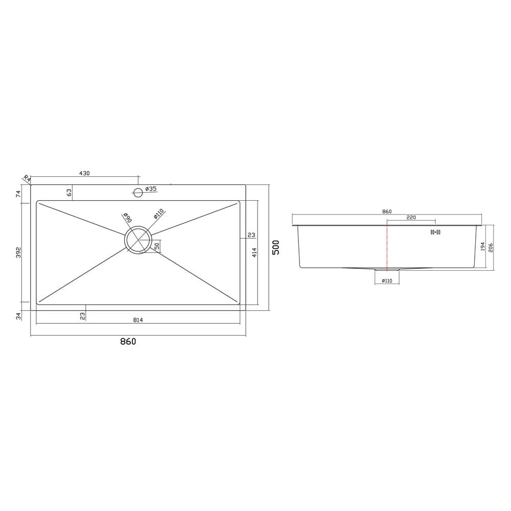 Νεροχύτης κουζίνας ανοξείδωτος Sanitec Vision 8650HS Inox Κυψέλη 86×50 (επικαθήμενος / υποκαθήμενος) - 2
