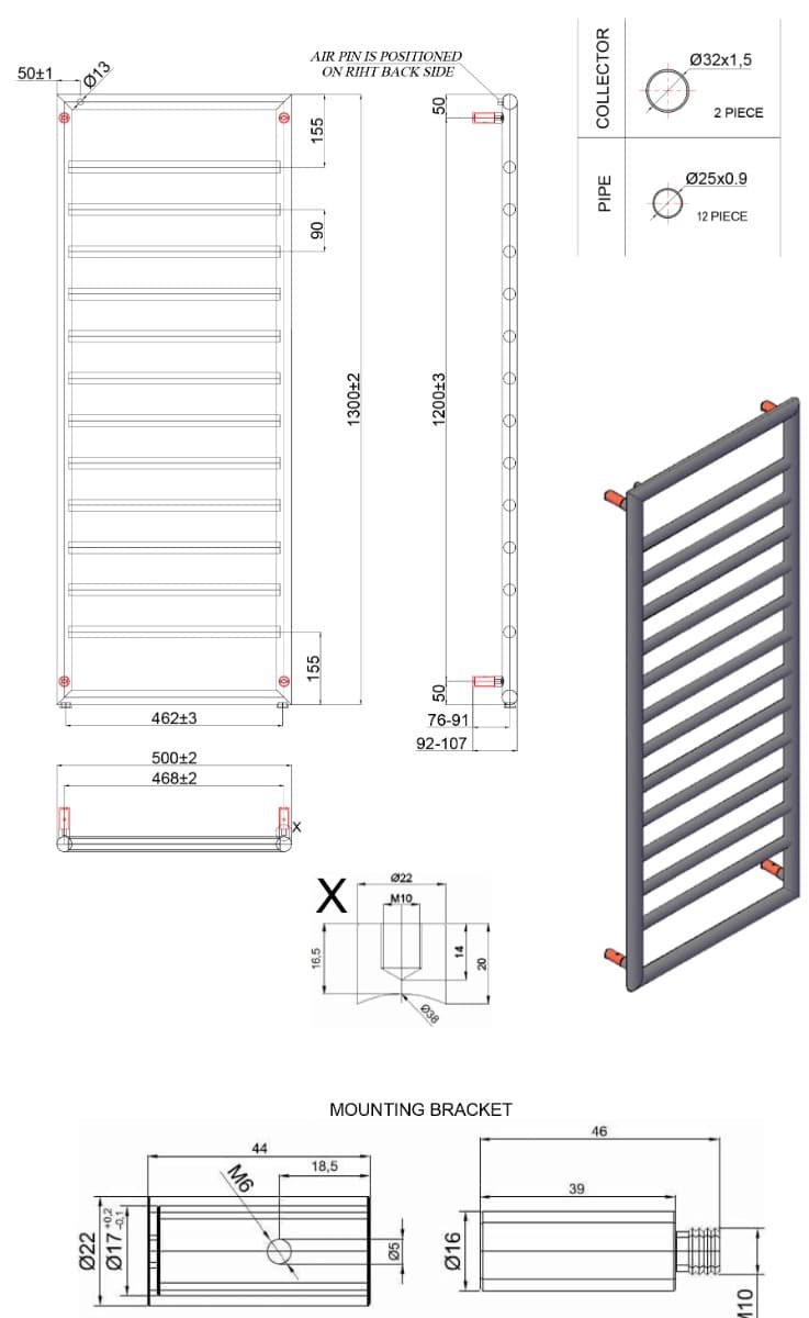 Θερμαινόμενη πετσετοκρεμάστρα Karag Design 7 Ματ Μαύρο 10,7×50×130cm DES71300 (νερού) (χωρίς διακόπτες) - 5