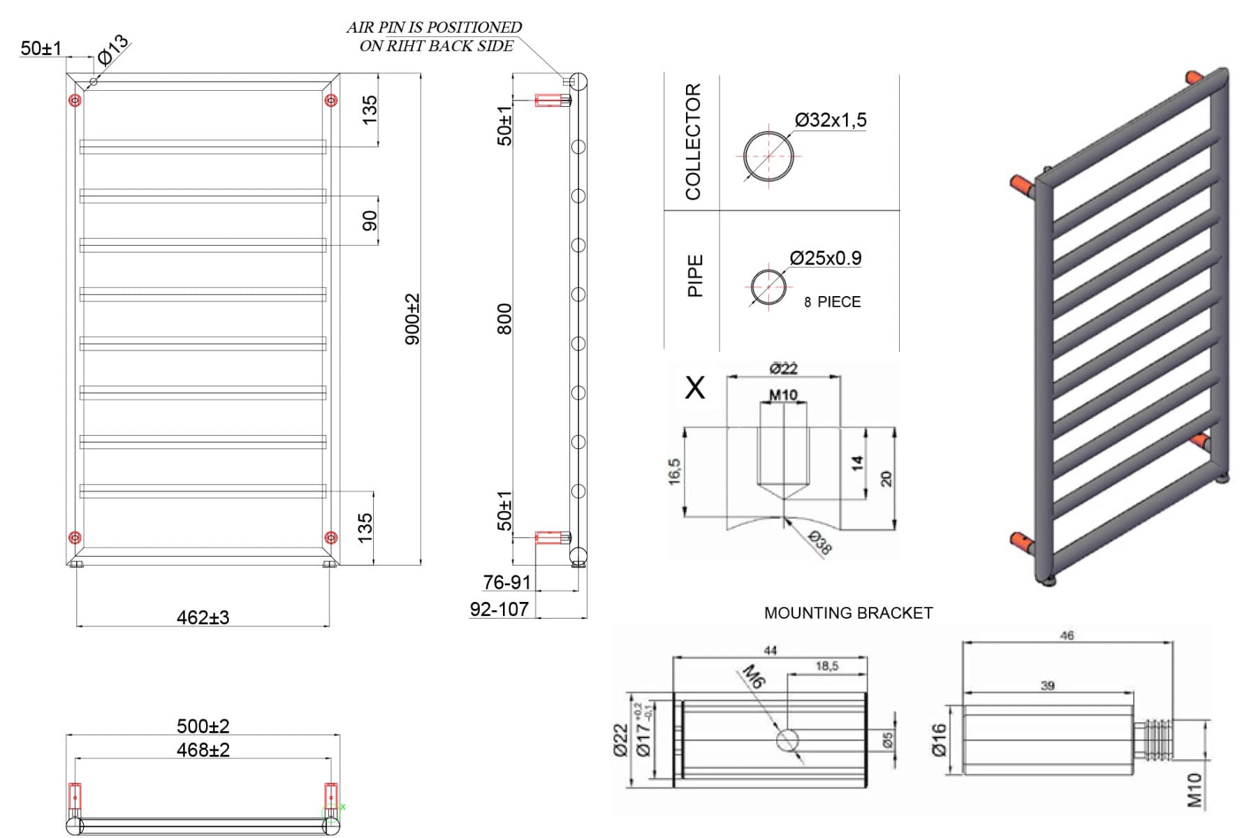 Θερμαινόμενη πετσετοκρεμάστρα Karag Design 7 900 Ματ Μαύρο 10,7×50×90cm (νερού) (χωρίς διακόπτες) - 4