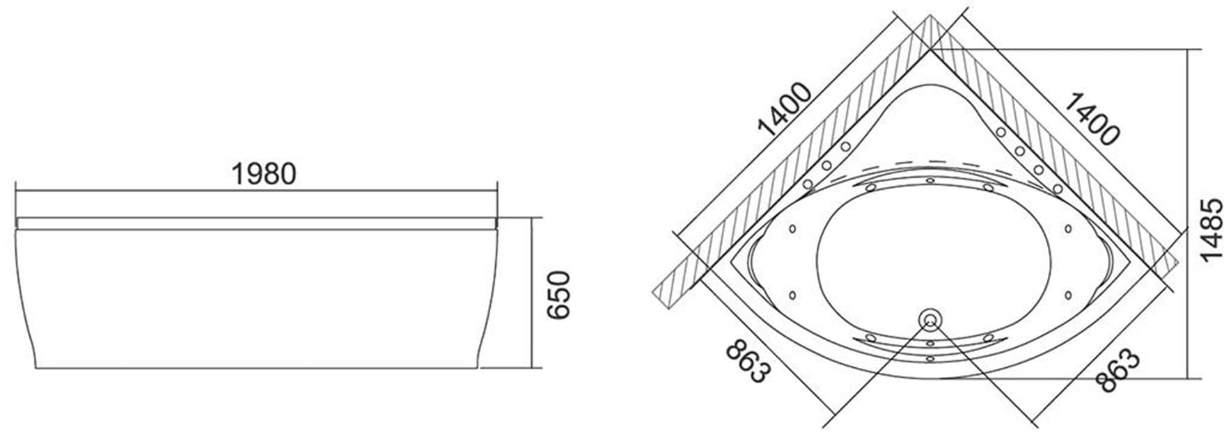 Μπανιέρα γωνιακή με υδρομασάζ Karag Concordia K-1080 Λευκό 140x140x65cm - 2