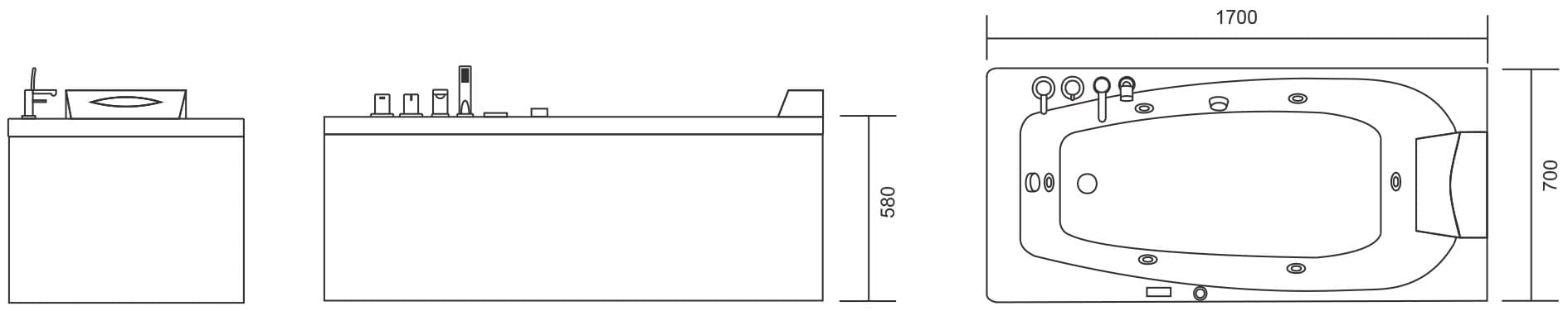 Μπανιέρα ευθύγραμμη με υδρομασάζ Karag Venus K-1204R Λευκό 170x70x58cm (δεξιά) - 2