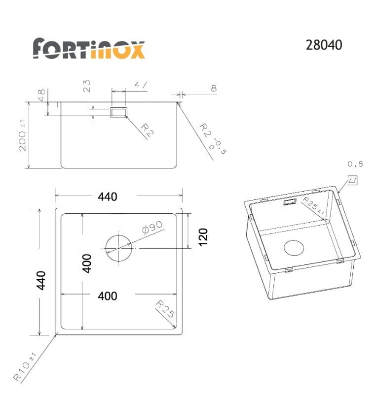 Νεροχύτης κουζίνας ανοξείδωτος Fortinox Squadro 28034-110 Inox Σατινέ λείο 38×44 (υποκαθήμενος) - 2