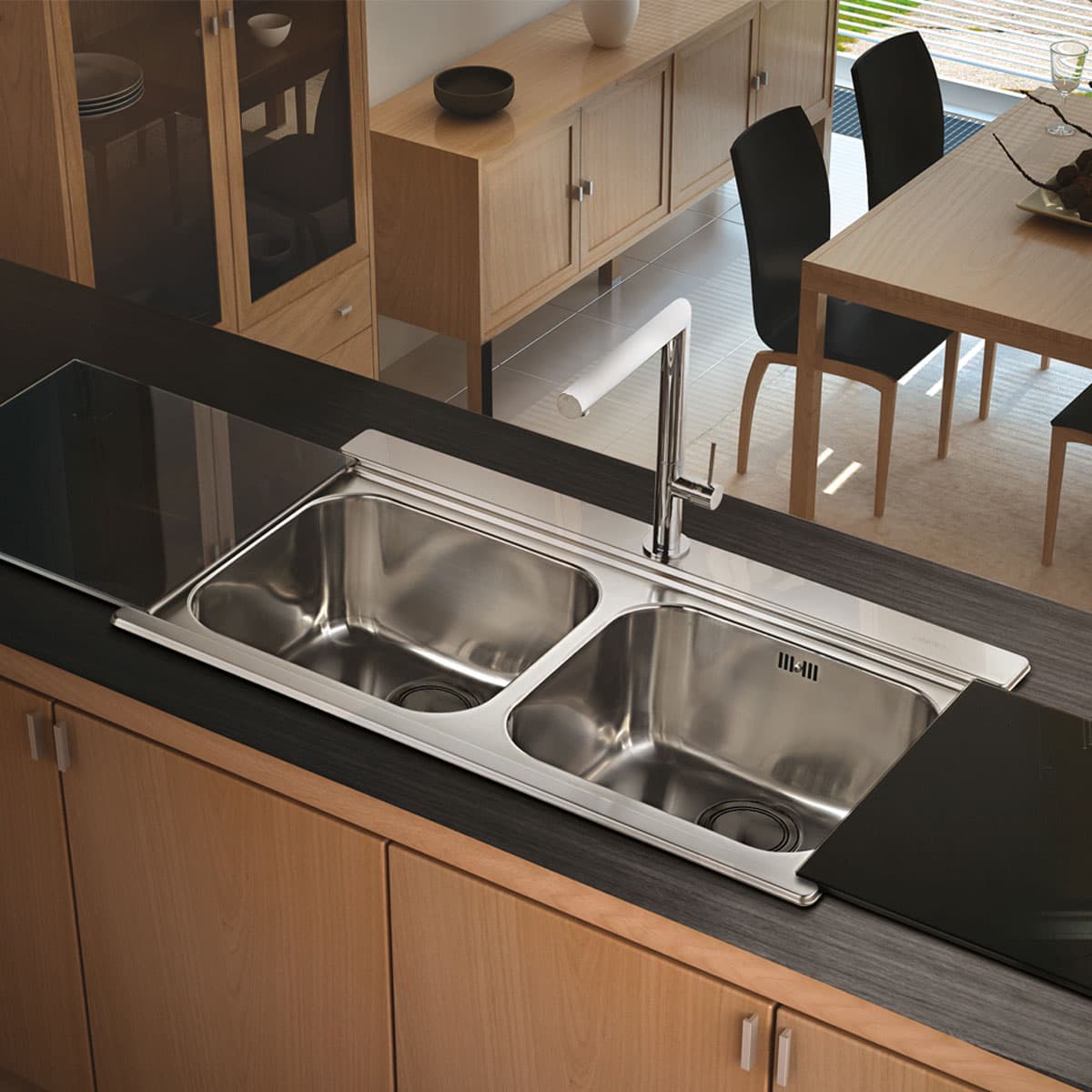 Νεροχύτης κουζίνας ανοξείδωτος Apell Iris 9320-110401 Inox Σατινέ λείο με Black Glass 89,7×51 (ένθετος)