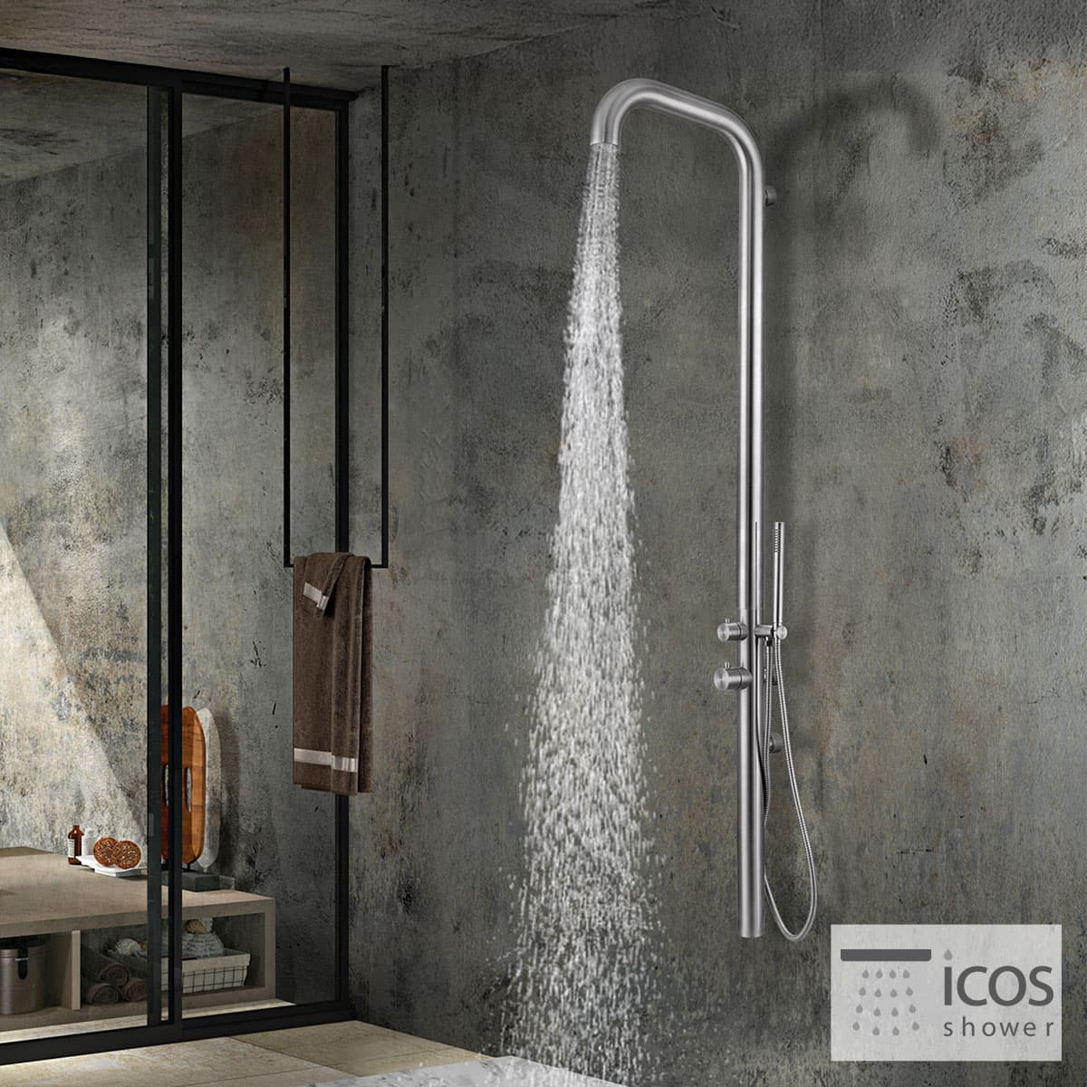 Κολώνα Ντους Εξωτερικού Χώρου επίτοιχη Icos Shower Etna Mix Inox (ζεστό / κρύο) 1,79m