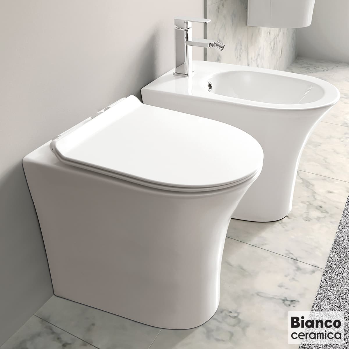 Λεκάνη δαπέδου rimless ψηλής πίεσης με κάλυμμα slim soft close Bianco Ceramica Aida AD13000SC-300 Λευκό 34x52cm