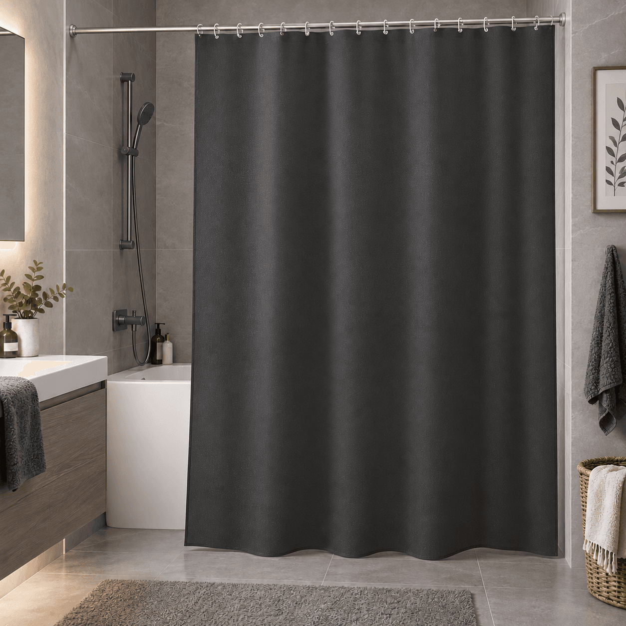 Κουρτίνα Μπάνιου Πλαστική MRShome DC-025015 Μαύρη με Μεταξωτή Υφή 180x180cm