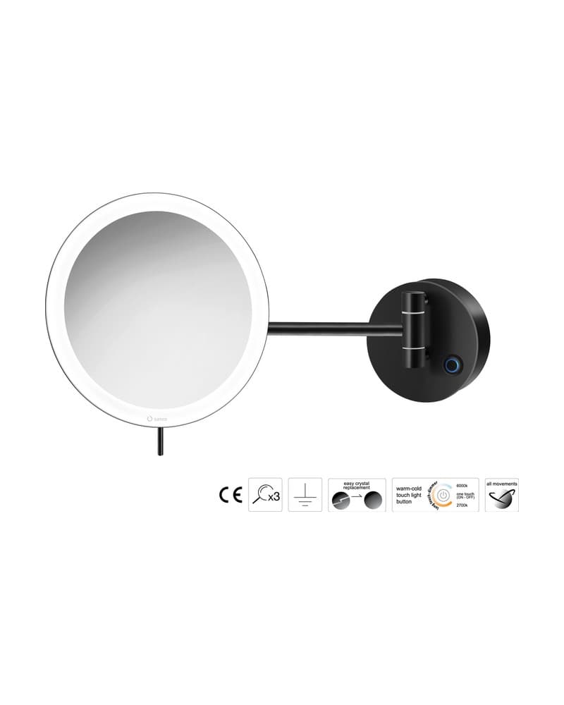 Μεγεθυντικός Καθρέπτης Επιτοίχιος LED (x3) Sanco LED Cosmetic mirrors MRLED-705-Μ116 Ματ Μαύρο Φ20x33,5cm