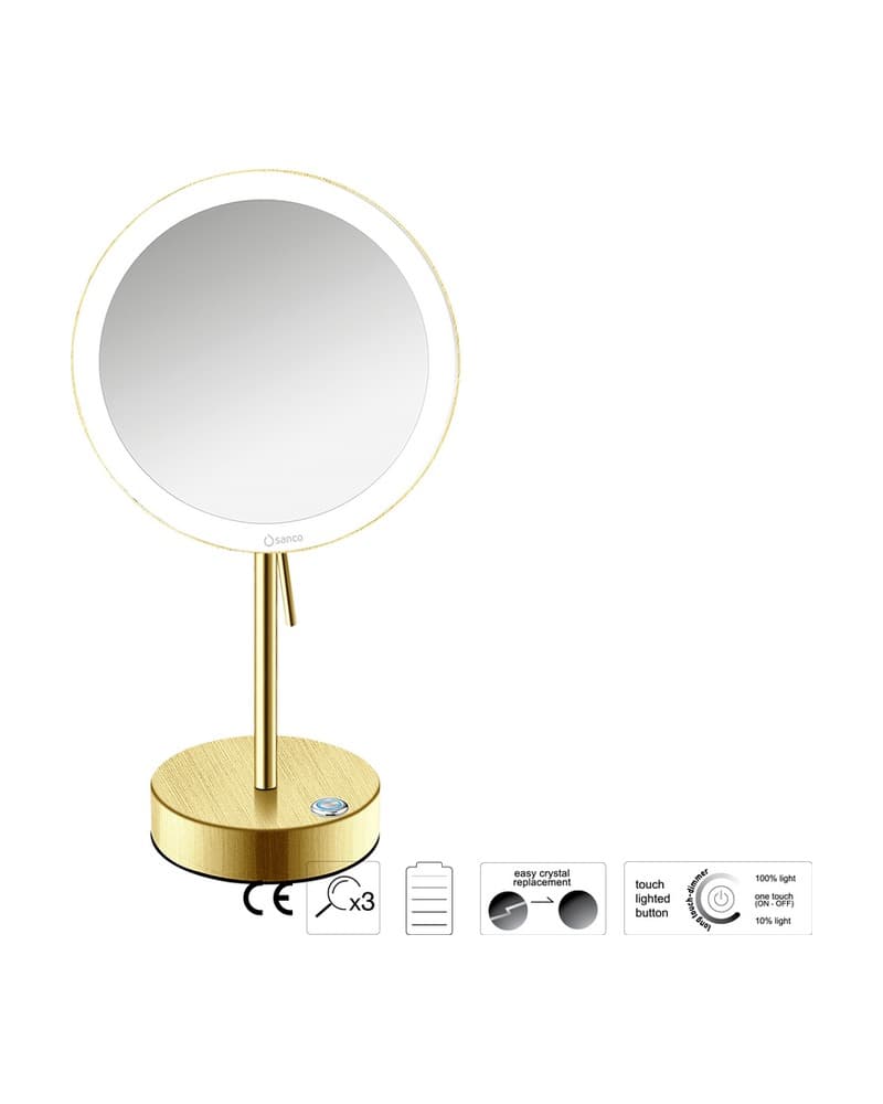 Μεγεθυντικός Καθρέπτης Επικαθήμενος LED (x3) Sanco LED Cosmetic mirrors MRLED-903-PVD-02BR PVD Golden Brass Brushed Φ20x12x36,5cm