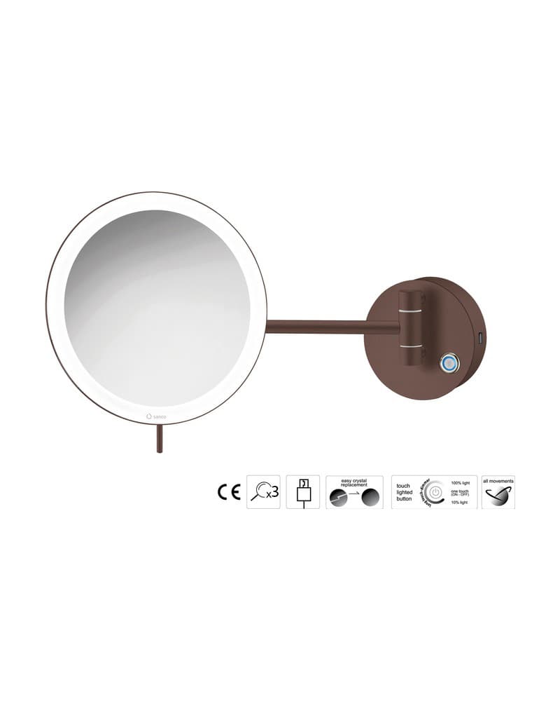 Μεγεθυντικός Καθρέπτης Επιτοίχιος LED (x3) Sanco LED Cosmetic mirrors MRLED-905-Α75 Wenge Grained Φ20x33,5cm