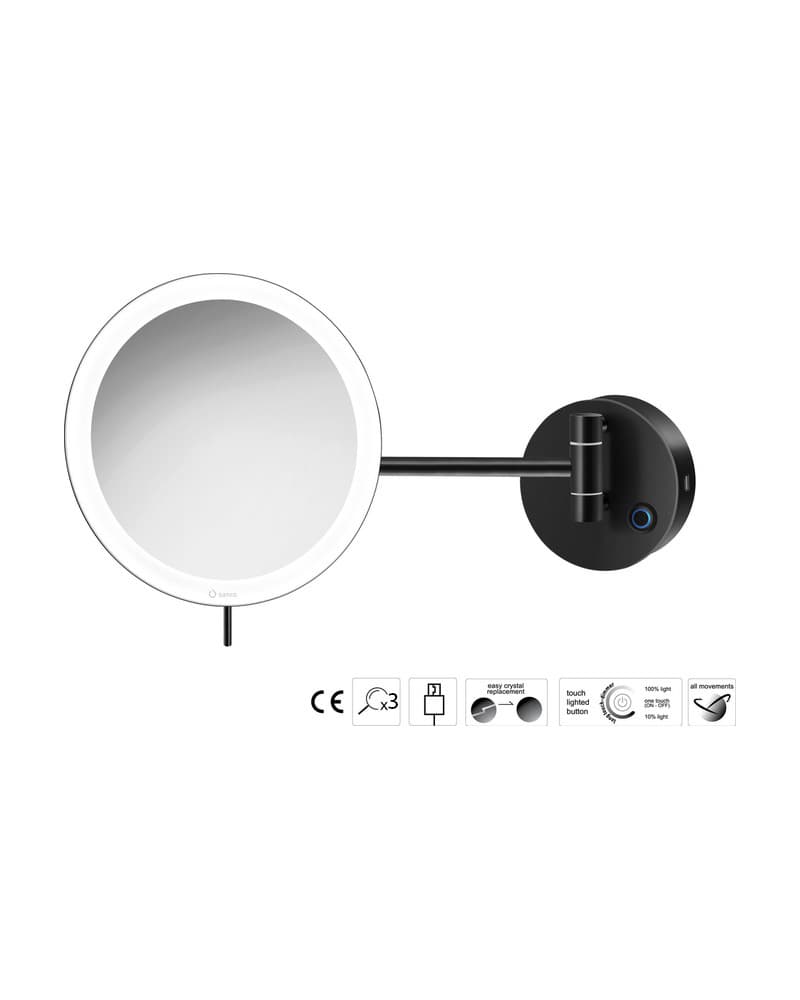 Μεγεθυντικός Καθρέπτης Επιτοίχιος LED (x3) Sanco LED Cosmetic mirrors MRLED-905-Μ116 Ματ Μαύρο Φ20x33,5cm