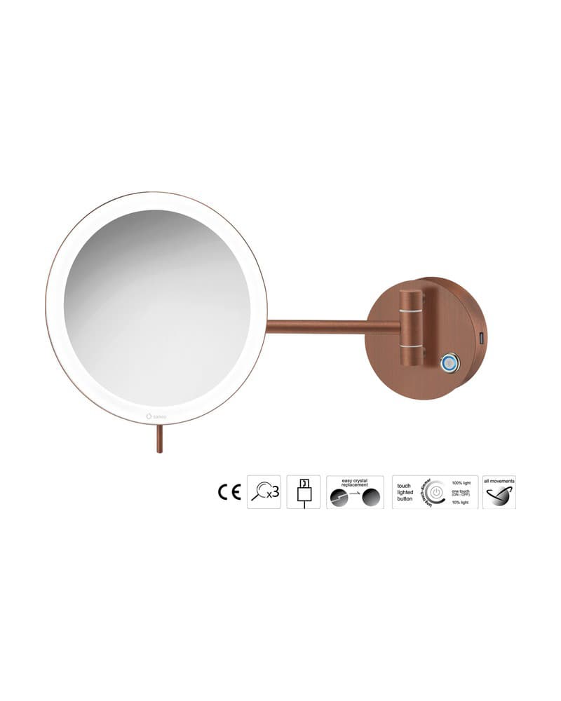 Μεγεθυντικός Καθρέπτης Επιτοίχιος LED (x3) Sanco LED Cosmetic mirrors MRLED-905-Μ26 Rame Mat Φ20x33,5cm