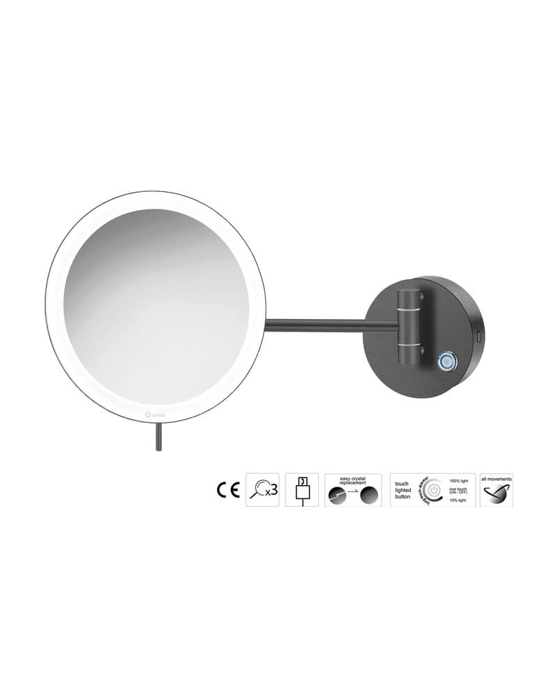 Μεγεθυντικός Καθρέπτης Επιτοίχιος LED (x3) Sanco LED Cosmetic mirrors MRLED-905-122 Graphite Dark Φ20x33,5cm