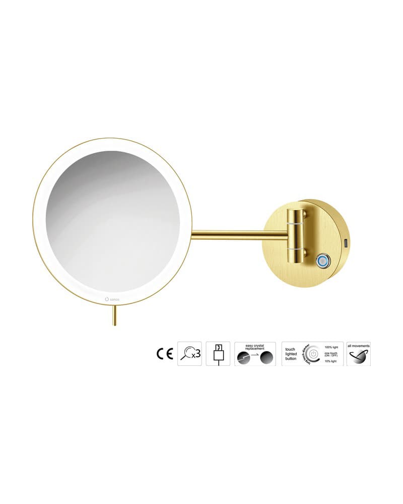 Μεγεθυντικός Καθρέπτης Επιτοίχιος LED (x3) Sanco LED Cosmetic mirrors MRLED-905-PVD-02BR PVD Golden Brass Brushed Φ20x33,5cm