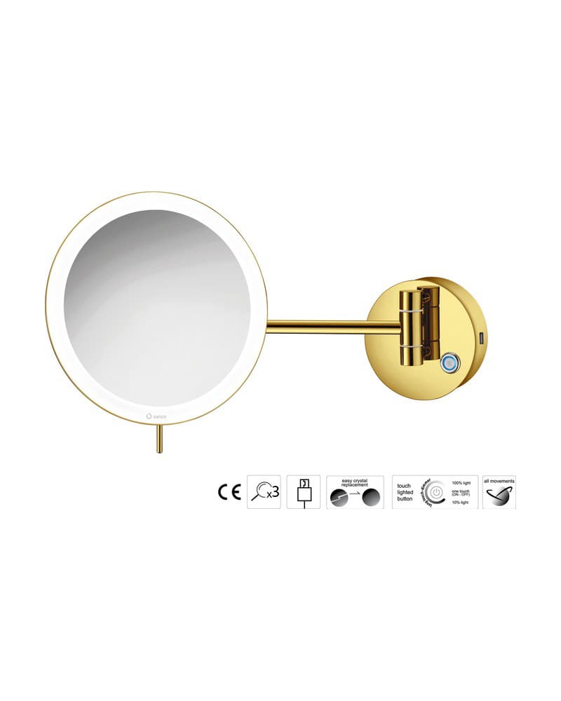 Μεγεθυντικός Καθρέπτης Επιτοίχιος LED (x3) Sanco LED Cosmetic mirrors MRLED-905-PVD-02PL PVD Golden Brass Polished Φ20x33,5cm