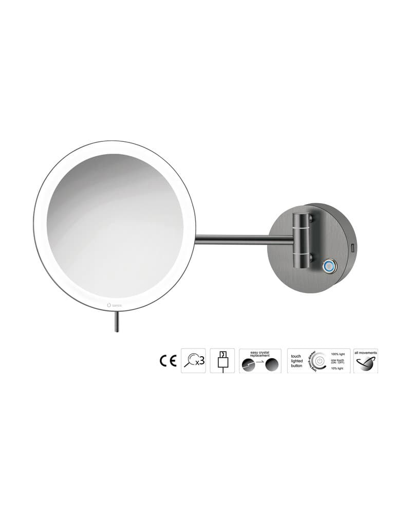 Μεγεθυντικός Καθρέπτης Επιτοίχιος LED (x3) Sanco LED Cosmetic mirrors MRLED-905-PVD-05BR PVD Gun Metal Brushed Φ20x33,5cm