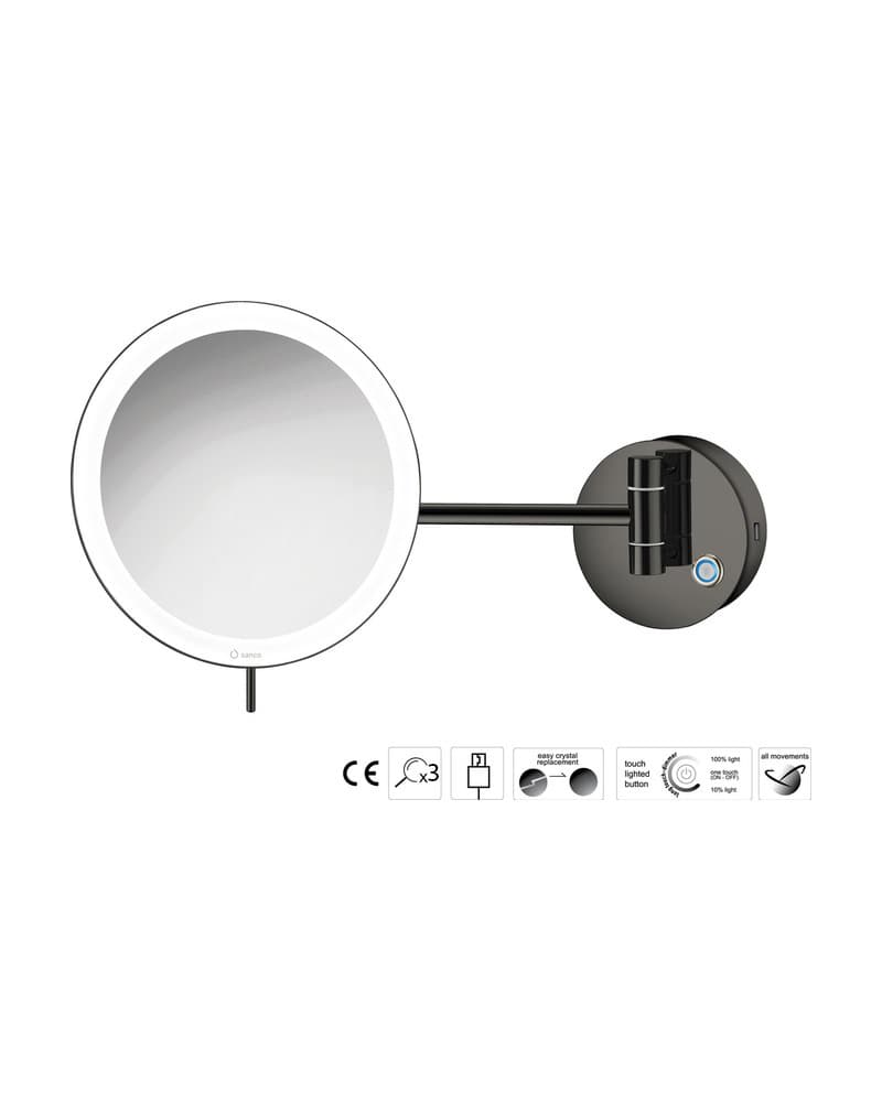 Μεγεθυντικός Καθρέπτης Επιτοίχιος LED (x3) Sanco LED Cosmetic mirrors MRLED-905-PVD-05PL PVD Gun Metal Polished Φ20x33,5cm