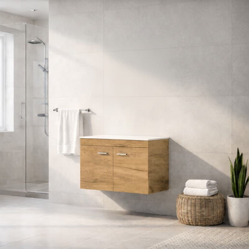 Έπιπλο μπάνιου με λευκό πάγκο solid Savvopoulos Emily 80 Light Hickory 78x44x55cm