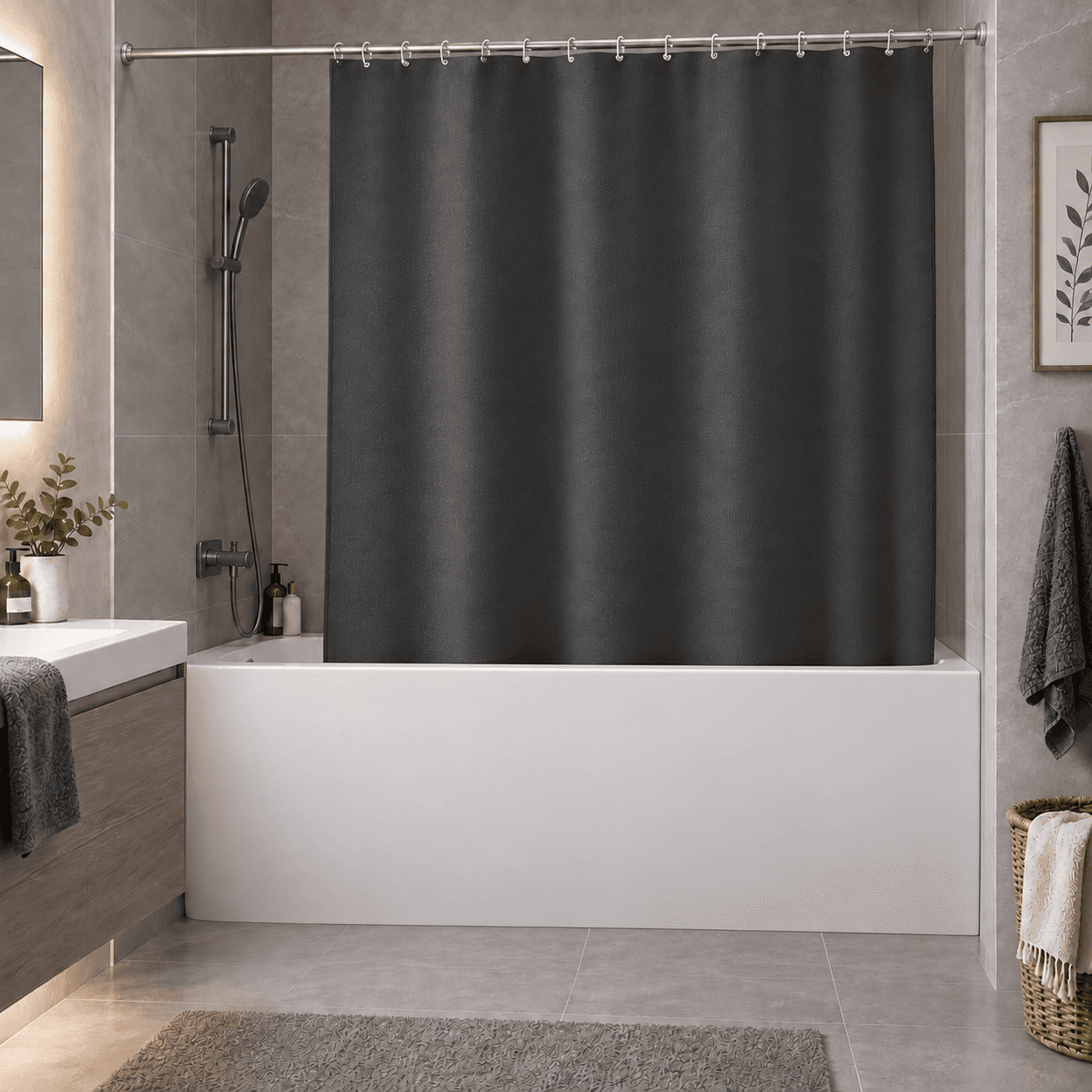 Κουρτίνα Μπάνιου Πλαστική MRShome DC-025015 Μαύρη με Μεταξωτή Υφή 180x180cm - 2