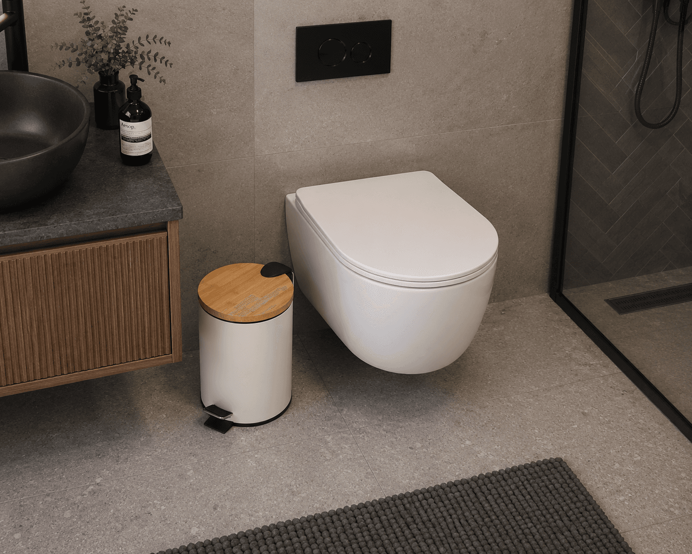 Κάδος Απορριμμάτων Οβάλ MRShome DS-8934B07 5lt Soft Close Μεταλλικός Ivory με Μπαμπού Καπάκι - 2