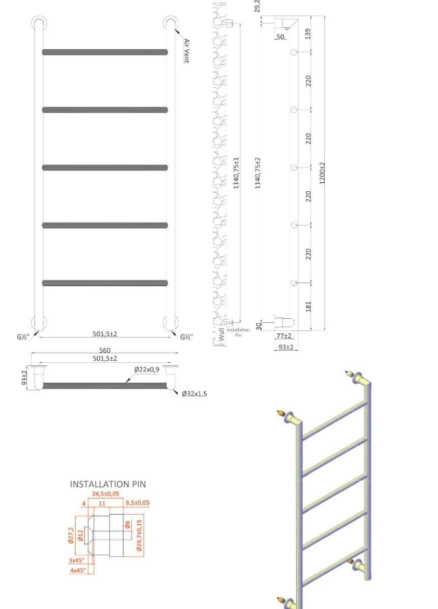 Θερμαινόμενη πετσετοκρεμάστρα Karag Design 6 9,3×56×120cm Χρώμιο (νερού) 648Btu (χωρίς διακόπτες) - 4