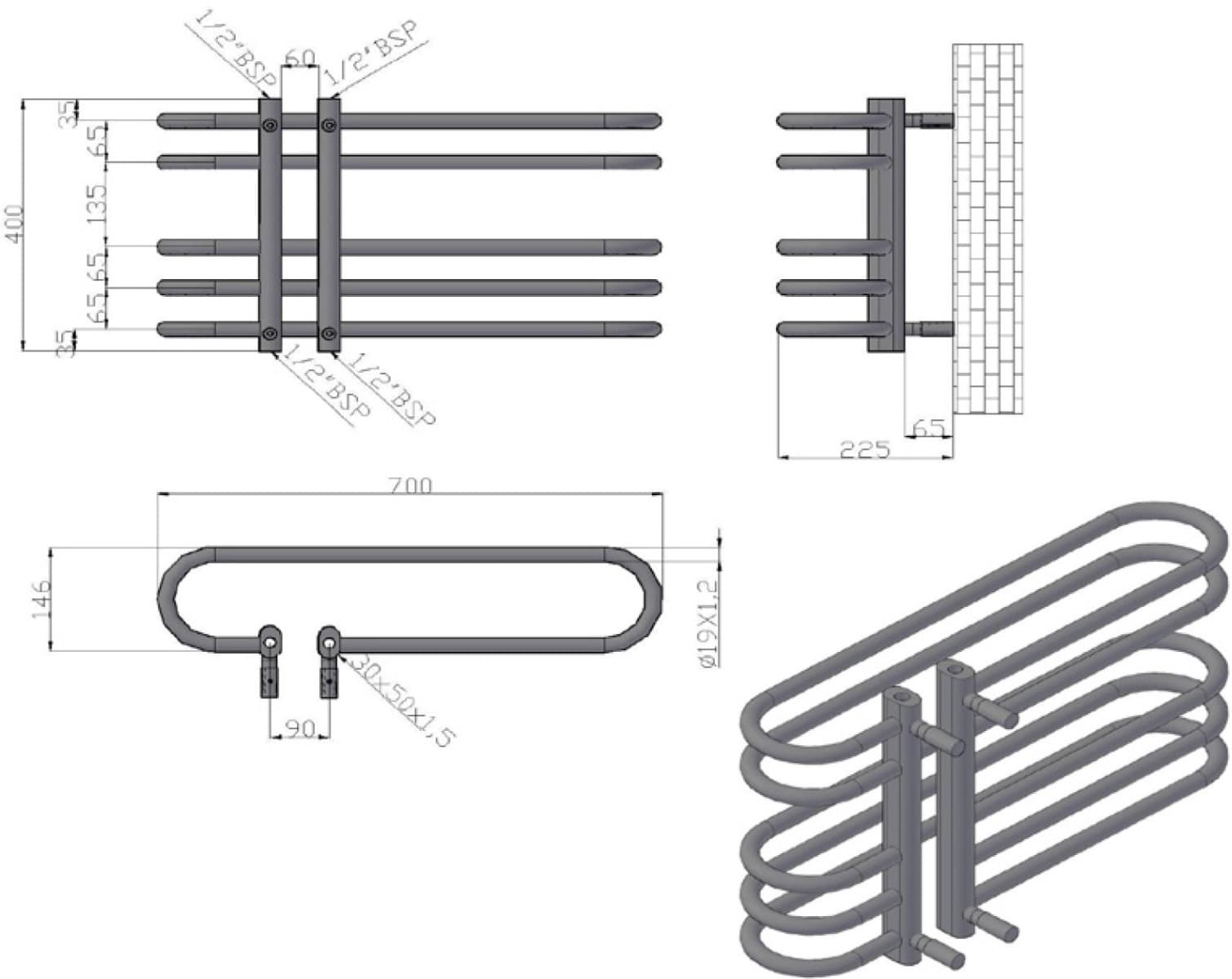 Θερμαινόμενη πετσετοκρεμάστρα Karag DORA 18×70×40cm Χρώμιο (νερού) 935Btu (χωρίς διακόπτες) - 3