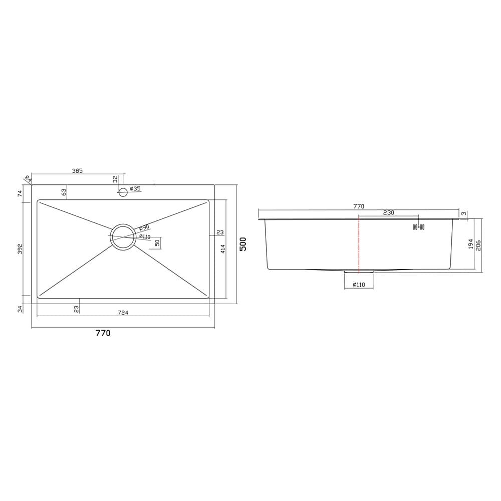 Νεροχύτης κουζίνας ανοξείδωτος Sanitec Vision 7750S Inox Σατινέ 77×50 (επικαθήμενος / υποκαθήμενος) - 2