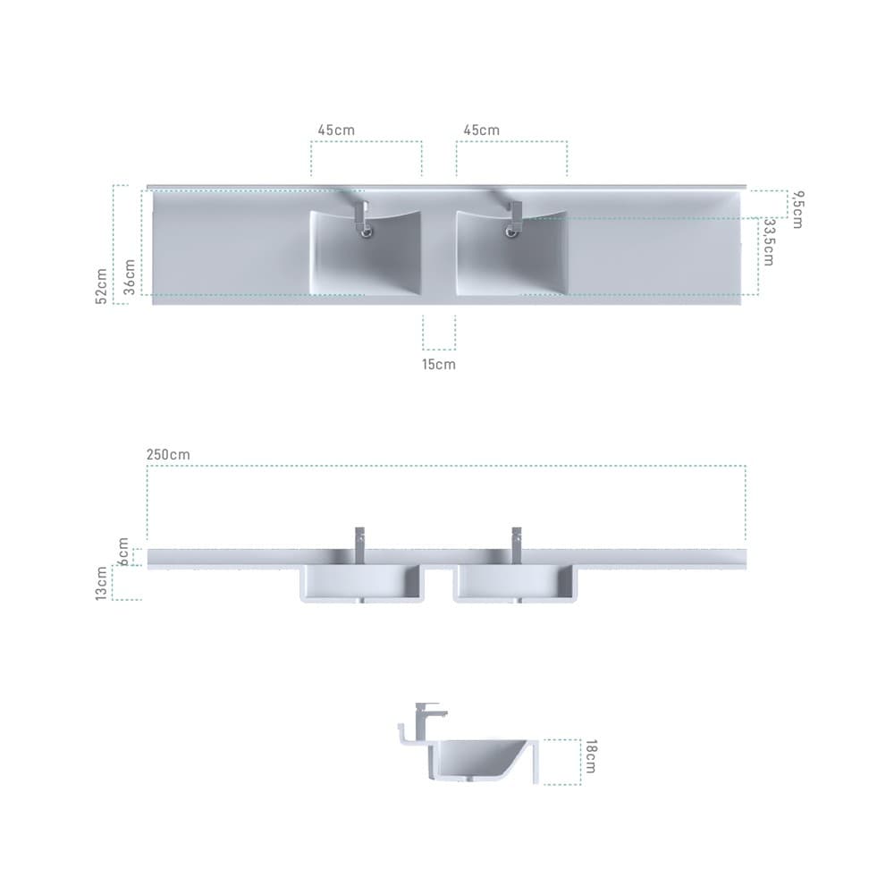 Νιπτήρας κρεμαστός Sanitec Monobloc 706 Curved Double 120-250cm - 2