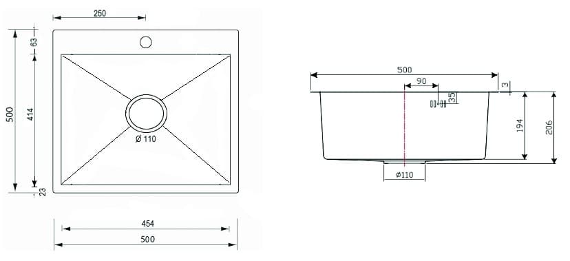 Νεροχύτης κουζίνας ανοξείδωτος Sanitec Vision 5050S Inox Σατινέ 50×50 (επικαθήμενος / υποκαθήμενος) - 2
