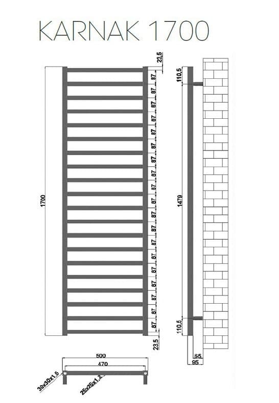 Θερμαινόμενη πετσετοκρεμάστρα Karag Karnak 1700 Ματ Μαύρο 8,5×50×170cm (νερού) 1628Btu (χωρίς διακόπτες) - 2