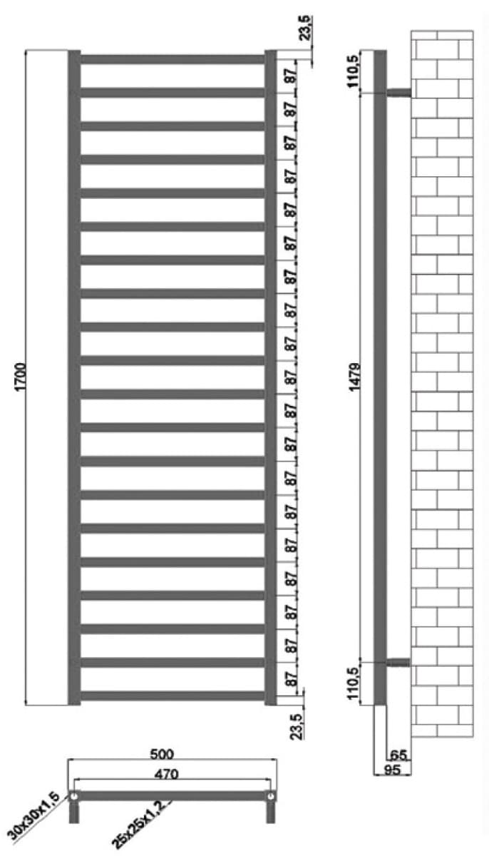Θερμαινόμενη πετσετοκρεμάστρα Karag Karnak 1700 Ματ Μαύρο 8,5×50×170cm (νερού) 1628Btu (χωρίς διακόπτες) - 3