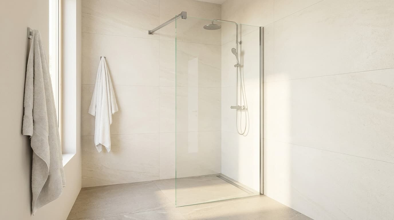 Walk-in καμπίνα ντουζιέρας Devon Iwis με ένα σταθερό διάφανο τζάμι και χρωμέ βραχίονα στήριξης, σε μπάνιο με φυσικό φως