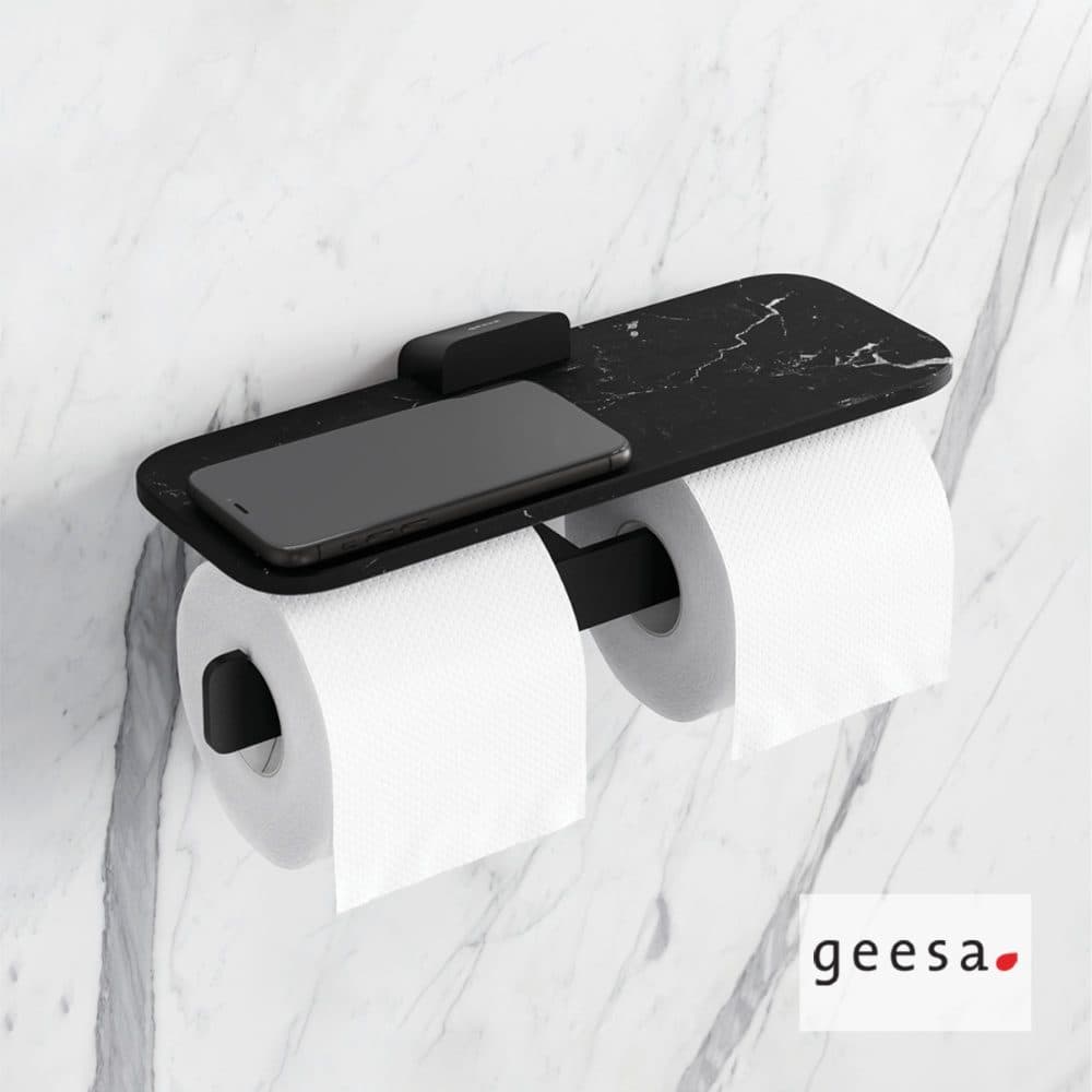 Χαρτοθήκη διπλή με εταζέρα Geesa Shift 9948-400 Ματ Μαύρο με Εφέ Μάρμαρου 30x11,8x3,5cm - 2