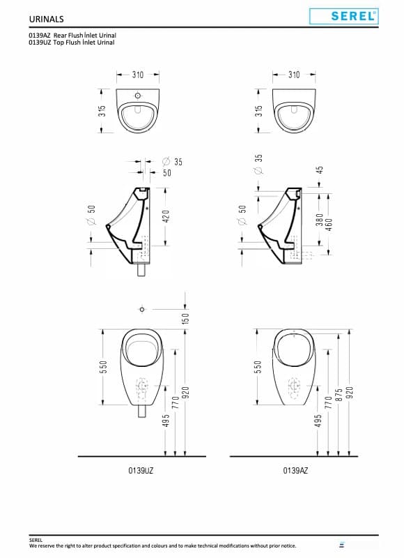 Ουρητήριο με παροχή πίσω Serel 0139A-300 Λευκό 31x31,5x55cm - 2