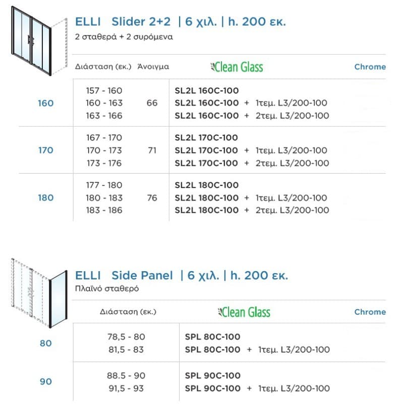 Καμπίνα Ντουζιέρας Devon Elli Slider 2+2 SL2LC-100 + SPLC-100 Χρώμιο Clean Glass Ύψος 200cm - 2