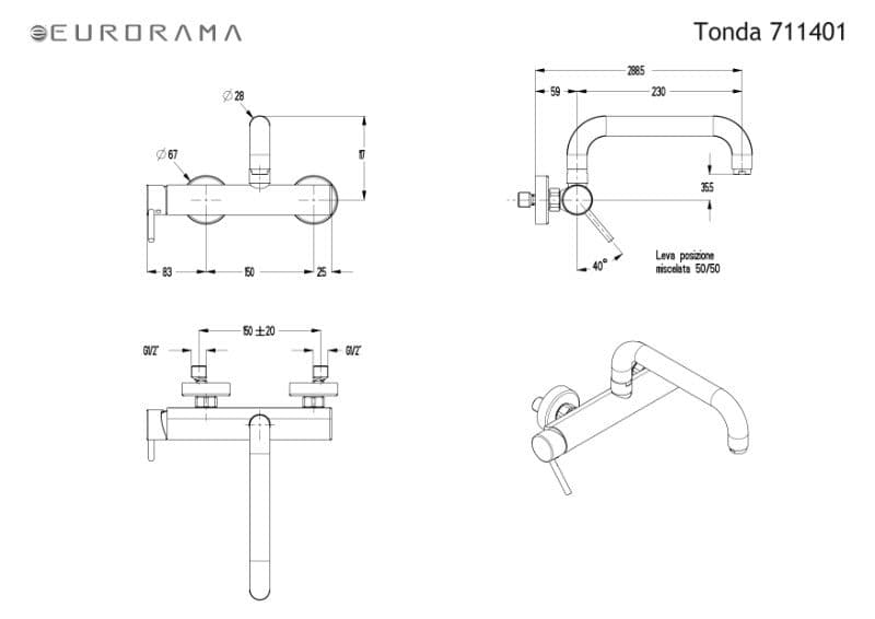 Μπαταρία κουζίνας εντοιχισμού Eurorama Tonda 711401-100 Χρώμιo Υ14cm - 2