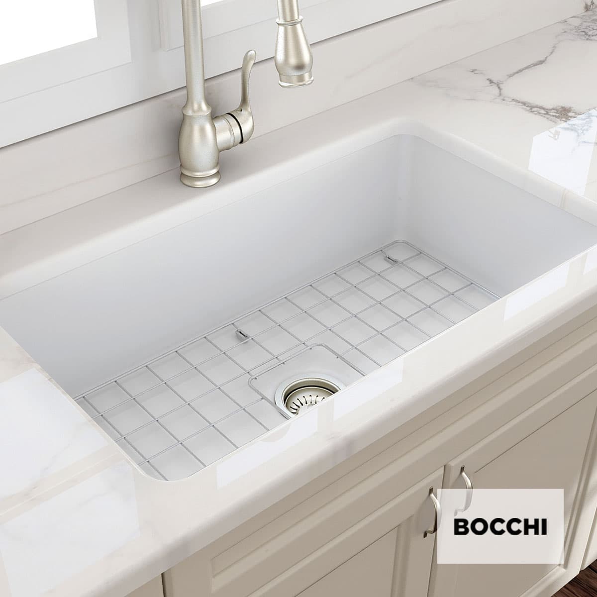 Νεροχύτης κουζίνας πορσελάνης Bocchi Farmhouse 1362-301 Matt White 81×48 (υποκαθήμενος & ένθετος)