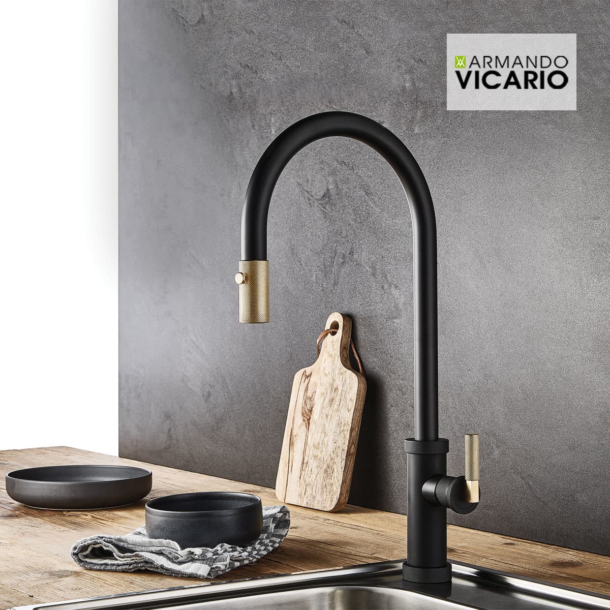 Μπαταρία κουζίνας Armando Vicario Urban 400702-400201 Ματ Μαύρο Gold Brushed Υ46,8cm