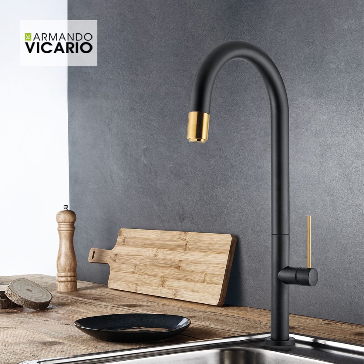 Μπαταρία κουζίνας Armando Vicario Tozo 48780-400201 Ματ Μαύρο Gold Brushed Υ48cm