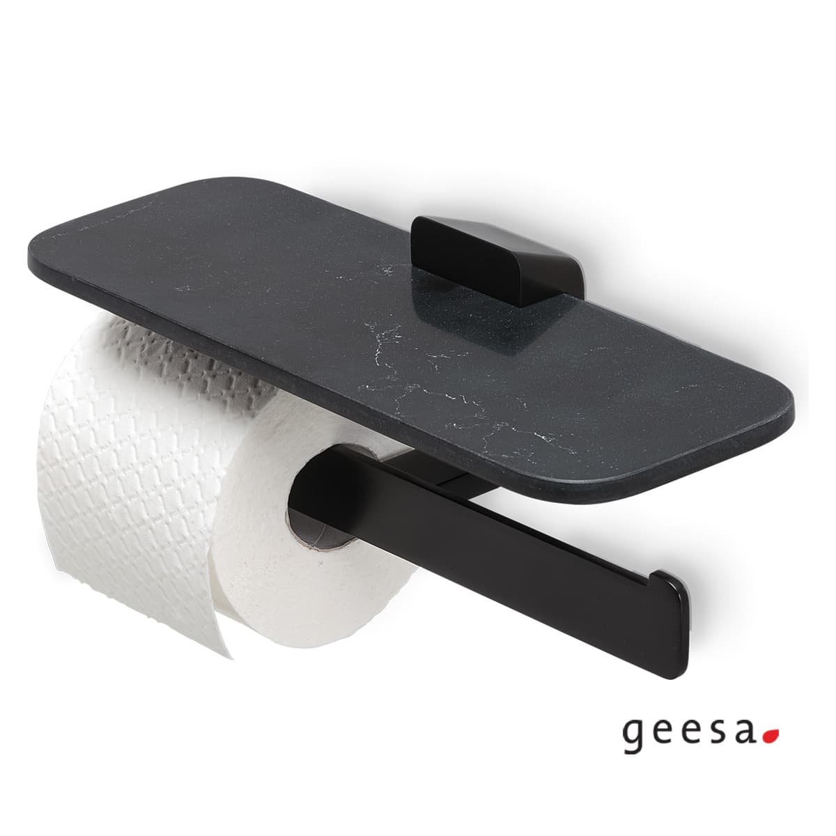 Χαρτοθήκη διπλή με εταζέρα Geesa Shift 9948-400 Ματ Μαύρο με Εφέ Μάρμαρου 30x11,8x3,5cm