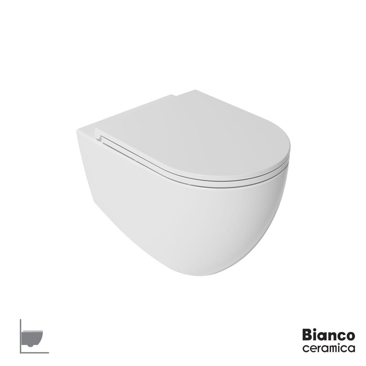 Λεκάνη κρεμαστή rimless με κάλυμμα slim soft close Bianco Ceramica Lenta 381600C-301 Ματ Λευκό 36,5x53cm