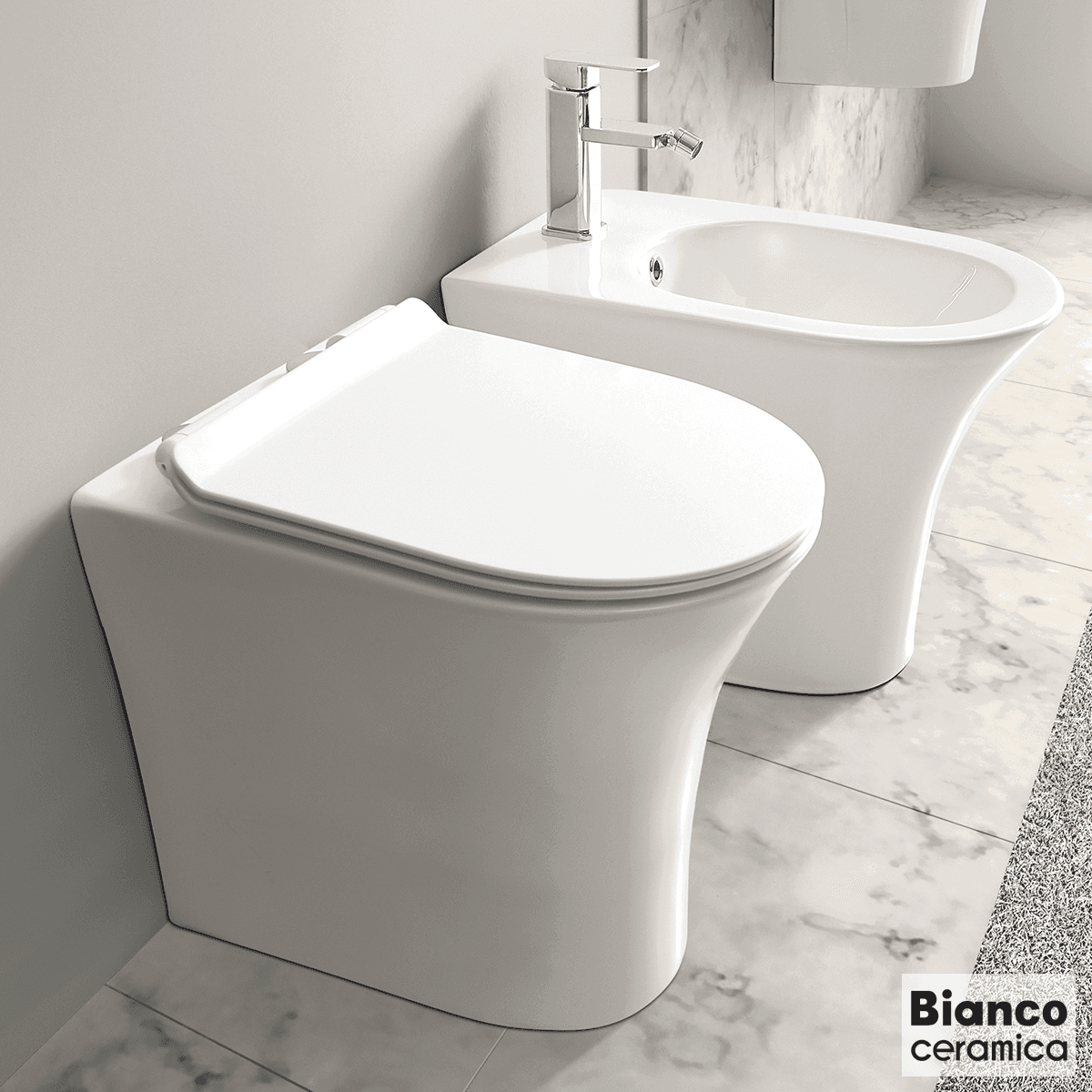 Λεκάνη δαπέδου rimless ψηλής πίεσης με κάλυμμα slim soft close Bianco Ceramica Aida AD13000SC-300 Λευκό 34x52cm