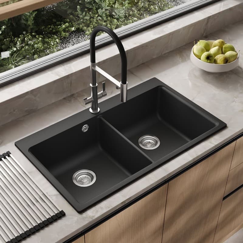 Νεροχύτης κουζίνας γρανιτένιος Helika Magna SQM200W-601 Black metallic 86×51 (ένθετος) - 4