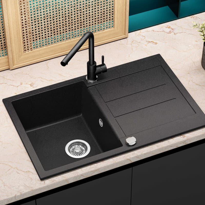 Νεροχύτης κουζίνας γρανιτένιος Helika Tesa SQT101AW-601 Black metallic 78×50 (ένθετος με αυτόματη βαλβίδα) - 4