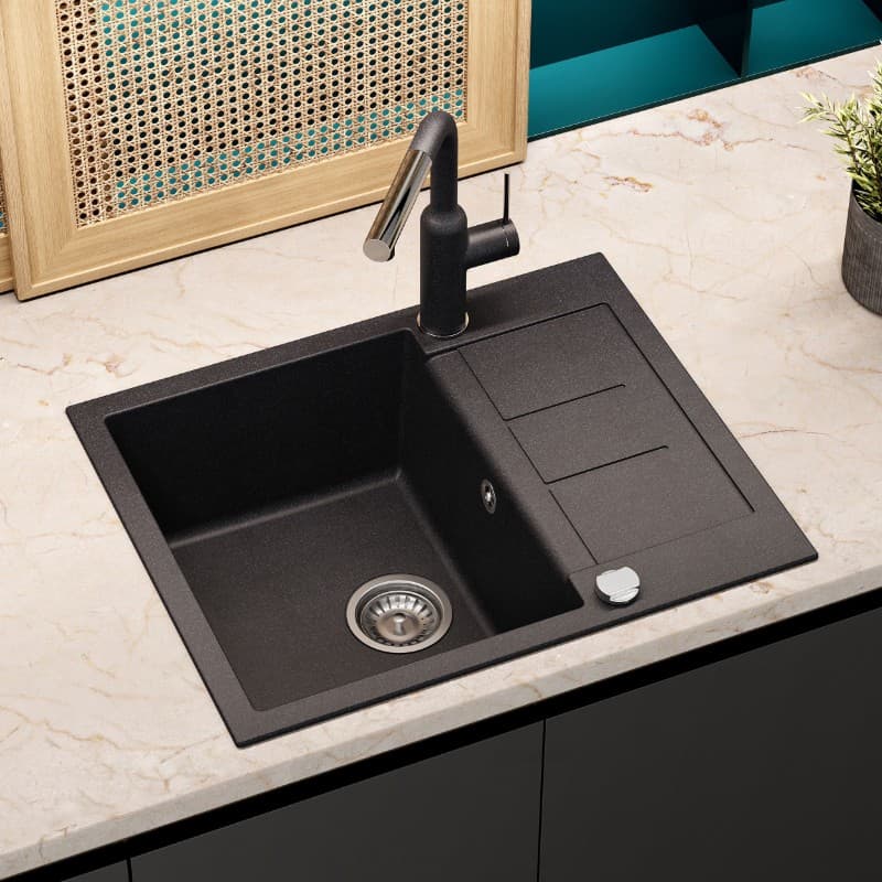 Νεροχύτης κουζίνας γρανιτένιος Helika Tesa SQT102AW-601 Black metallic 62×50 (ένθετος με αυτόματη βαλβίδα) - 4