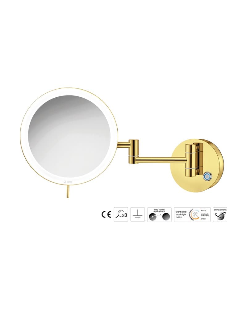 Μεγεθυντικός Καθρέπτης Επιτοίχιος LED (x3) Sanco LED Cosmetic mirrors MRLED-701-PVD-02PL PVD Golden Brass Polished Φ20x34cm